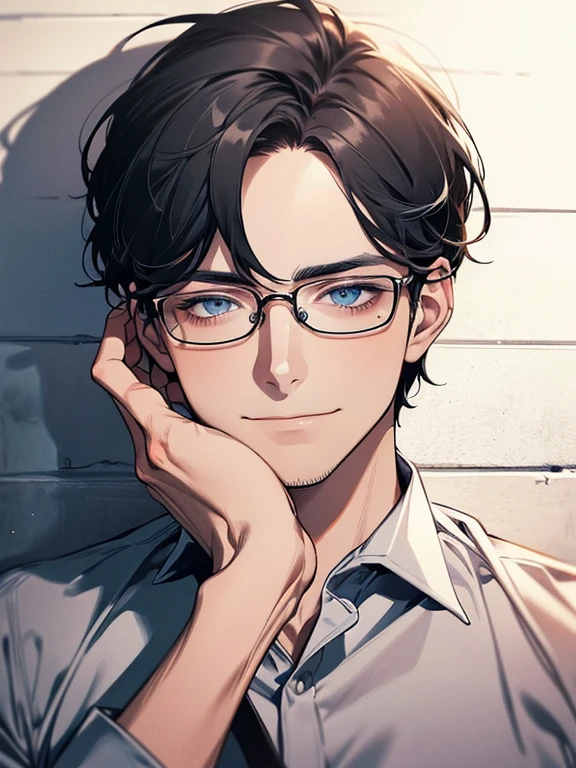 masterpiece, best quality, 1male mature, man, mature, 32 years, gray black hair, blue eyes, glasses, CEO, expression smile in love, white shirt, mugshot, wall background, detailed eyes, detailed facial features, realistic and high resolution (best quality, 4k, 8k, highres, masterpiece:1.2)