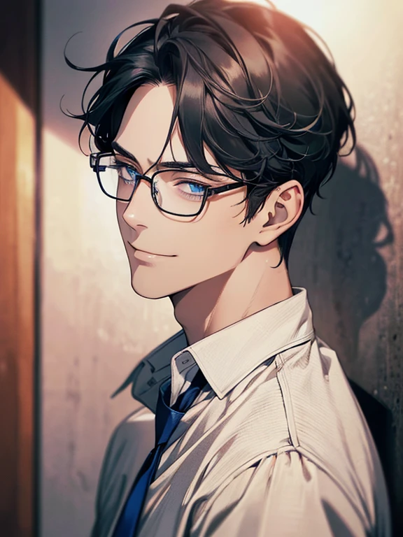 masterpiece, best quality, 1male mature, man, mature, 32 years, gray black hair, blue eyes, glasses, CEO, expression smile in love, white shirt, mugshot, wall background, detailed eyes, detailed facial features, realistic and high resolution (best quality, 4k, 8k, highres, masterpiece:1.2)