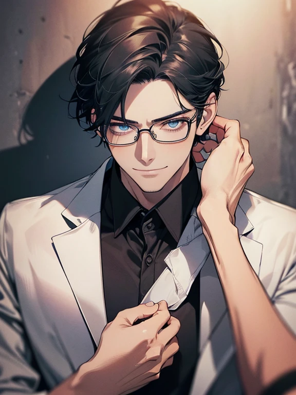 masterpiece, best quality, 1male mature, man, mature, 32 years, gray black hair, blue eyes, glasses, CEO, expression smile in love, white shirt, mugshot, wall background, detailed eyes, detailed facial features, realistic and high resolution (best quality, 4k, 8k, highres, masterpiece:1.2)