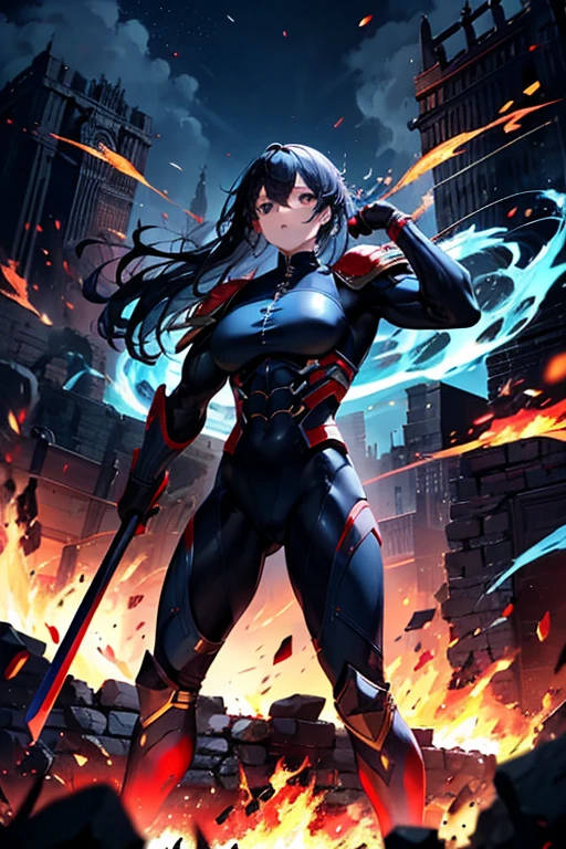 original character、Black Hair、Dressed in tight-fitting blue and white combat uniforms、Controlling fire from your hands、Spreading fire all around、Fire Serpent、Black eyes glowing red、Muscular body、Medieval European cityscape、Scrap bricks、Beautiful blue sky、Stand from the front、Crisp eyes