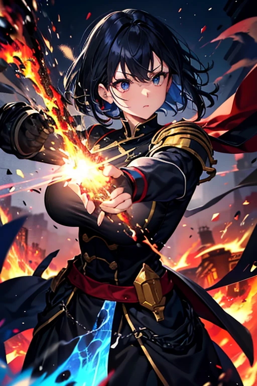 original character、Black Hair、Dressed in tight-fitting blue and white combat uniforms、Controlling fire from your hands、Spreading fire all around、Fire Serpent、Black eyes glowing red、Muscular body、Medieval European cityscape、Scrap bricks、Beautiful blue sky、Stand from the front、Crisp eyes