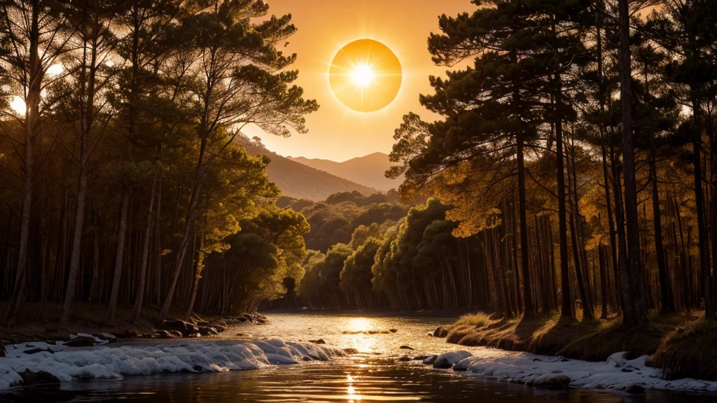 Generate images of South American and European nature, add dark tones to images, and a beautiful strong orange sun, focus on the sun in the images with an air of hope and faith... size 16:9 estilo thumbnail, When you can fit it, add a wooden cross to the background of the images. research before you start, and reflect.