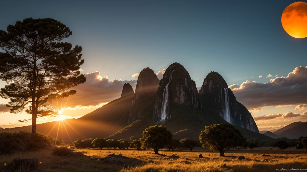 Generate images of South American and European nature, add dark tones to images, and a beautiful strong orange sun, focus on the sun in the images with an air of hope and faith... size 16:9 estilo thumbnail, When you can fit it, add a wooden cross to the background of the images. research before you start, and reflect.