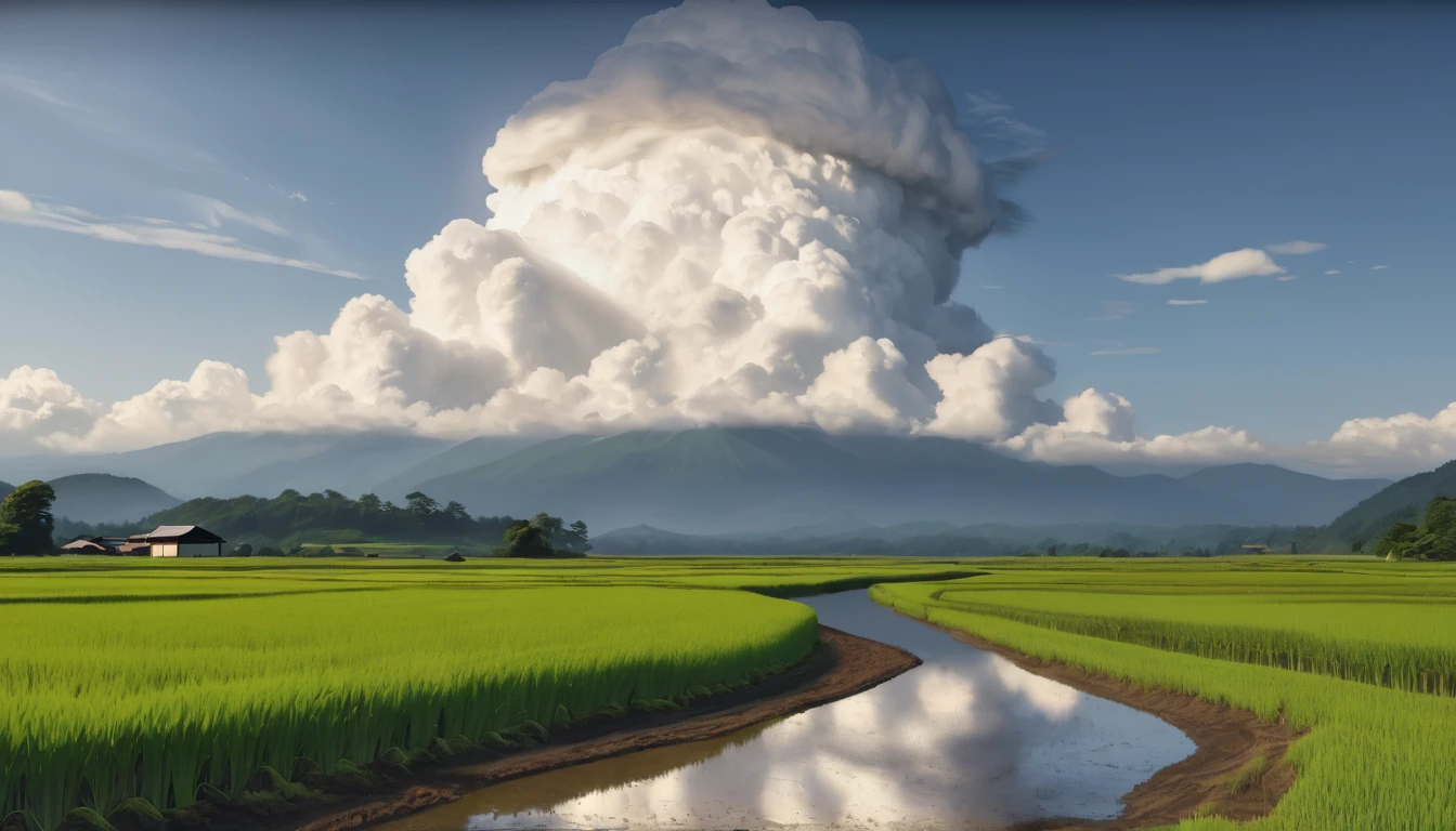detailed traditional japanese rural landscape, rice fields, dirt paths, midsummer, sunny, cumulonimbus clouds, daytime, (best quality,4k,8k,highres,masterpiece:1.2),ultra-detailed,(realistic,photorealistic,photo-realistic:1.37),HDR,UHD,studio lighting,ultra-fine painting,sharp focus,physically-based rendering,extreme detail description,professional,vivid colors,bokeh,landscape