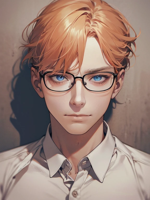 masterpiece, best quality, 1male mature, man, mature, 32 years, gray orange hair, blue eyes, glasses, CEO, white shirt, mugshot, wall background, detailed eyes, detailed facial features, realistic and high resolution (best quality, 4k, 8k, highres, masterpiece:1.2)