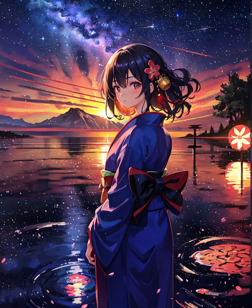 1girl, a distant girl in a kimono staring at the stars, (zoomed out: 1.1), (meteor shower: 1.2), (comet: 1.1), your name, low angle, from behind, northern lights, shooting stars, yukata, red kimono, cherry blossoms, Standing in the field, best quality, masterpiece, cloud, colorful, starry, stars,
