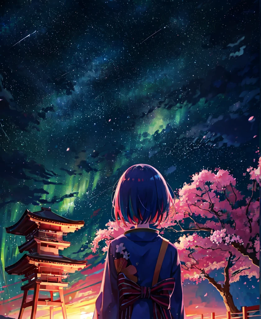 1girl, a distant girl in a kimono staring at the stars, (zoomed out: 1.1), (meteor shower: 1.2), (comet: 1.1), your name, low angle, from behind, northern lights, shooting stars, yukata, red kimono, cherry blossoms, Standing in the field, best quality, masterpiece, cloud, colorful, starry, stars,