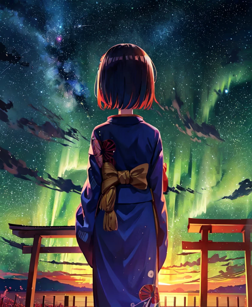 1girl, a distant girl in a kimono staring at the stars, (zoomed out: 1.1), (meteor shower: 1.2), (comet: 1.1), your name, low angle, from behind, northern lights, shooting stars, yukata, red kimono, cherry blossoms, Standing in the field, best quality, masterpiece, cloud, colorful, starry, stars,