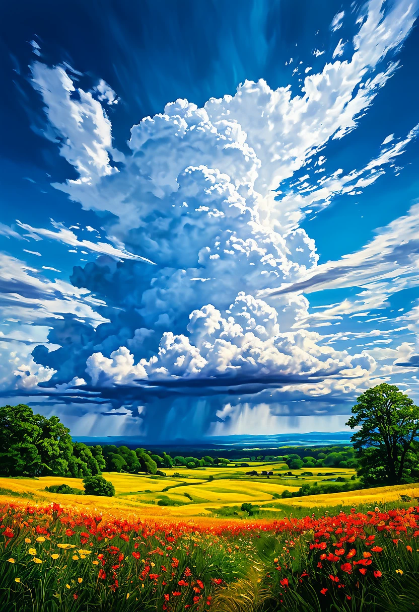 Summer sky (Painterly style), Realistic, highly Realistic, Attention to detail, breathtakingly Realistic, High contrast realism, High Saturation Realism, Vibrant colors, Dramatic lighting, Fascinating landscape, Persuasive storytelling, Atmospheric scene, Fascinating footage, Intricate details, Strong emotions, Heavenly Beauty, A dreamlike world