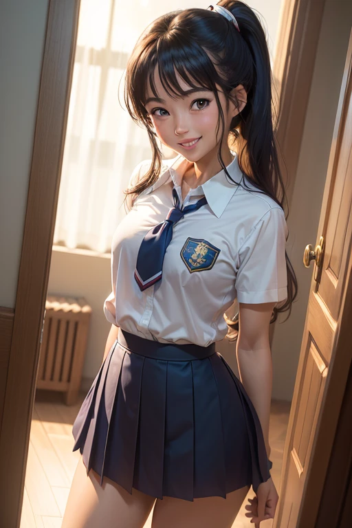 ((masterpiece)), (8k, expensive_solve), (clear_image), (Highest quality), (sunlight, Face reflected in the light), (Face reflected in the light:1.1), (meitantei conan (style), Detective Conan (style), meitantei conan), alone, Beautiful eyes and fine face, ((One girl, alone)), Medium chest, Wide Hips, (Abdominal muscles:0.8), ((school uniform)), (ponytail), (blush, Happy, Happy smile, Laughter),