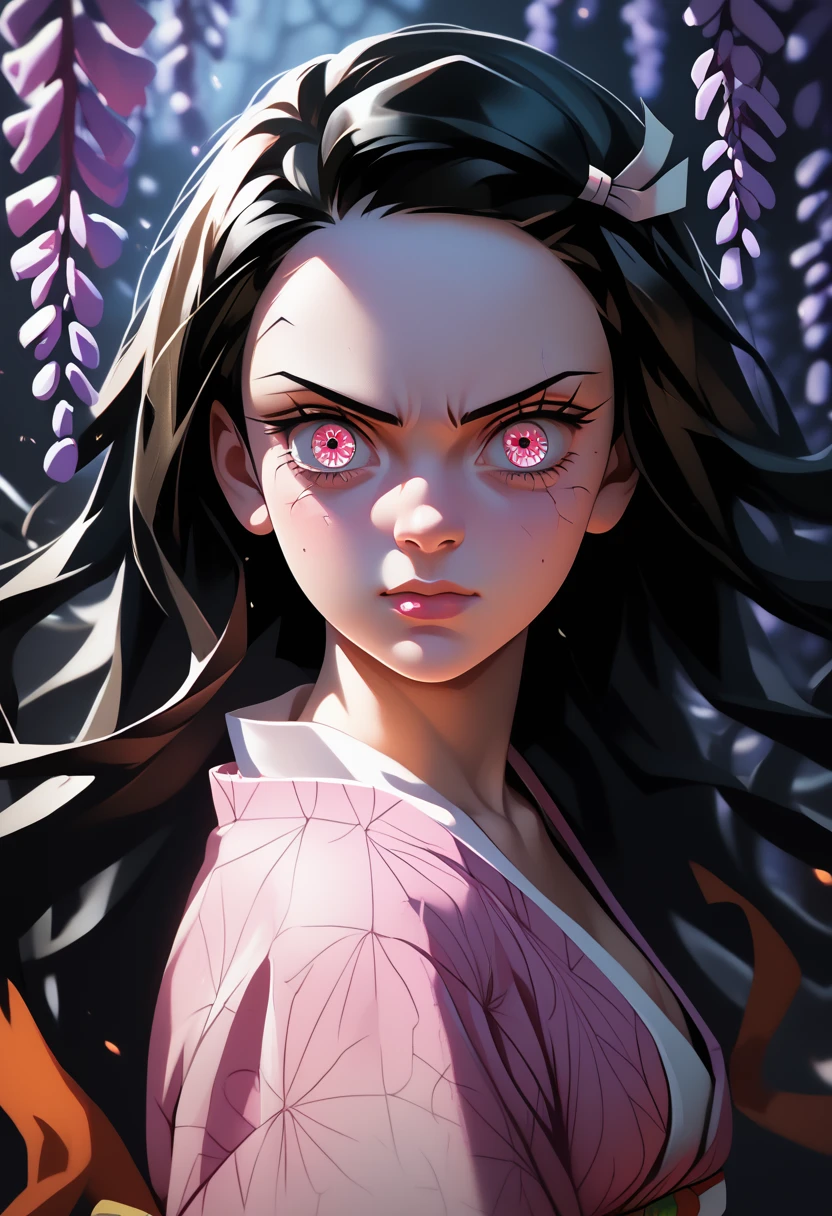 work of art, (pink kimono), alluring face, good lighting, neckleace, fine-details, work of art, glare eyes, 1 girl, Bblack hair, suction, nezuko kamado, wisteria background, work of art, best qualityer, ass pov,,