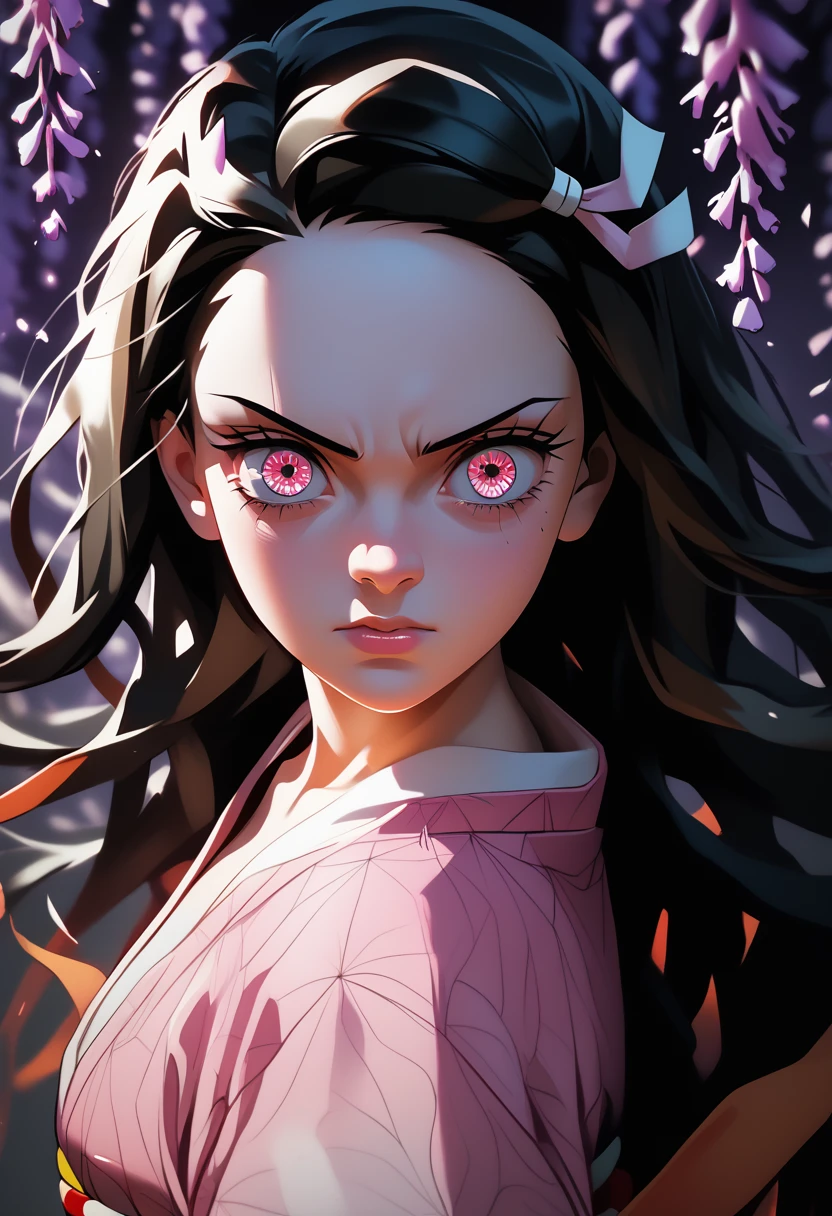 work of art, (pink kimono), alluring face, good lighting, neckleace, fine-details, work of art, glare eyes, 1 girl, Bblack hair, suction, nezuko kamado, wisteria background, work of art, best qualityer, ass pov,,