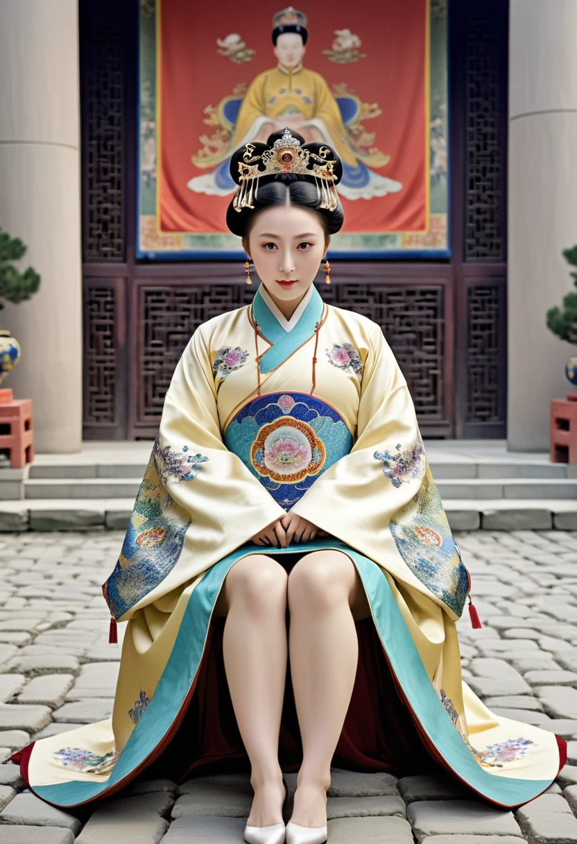 The Empress of the Qing Dynasty is sitting naked with her legs spread in a V-shape at the Chinese court.The Empress of the Qing Dynasty.The size of the Empress of China.She is wearing a crown and has her hair tied up at the back.The background is the cobblestones outside the Qing Dynasty.