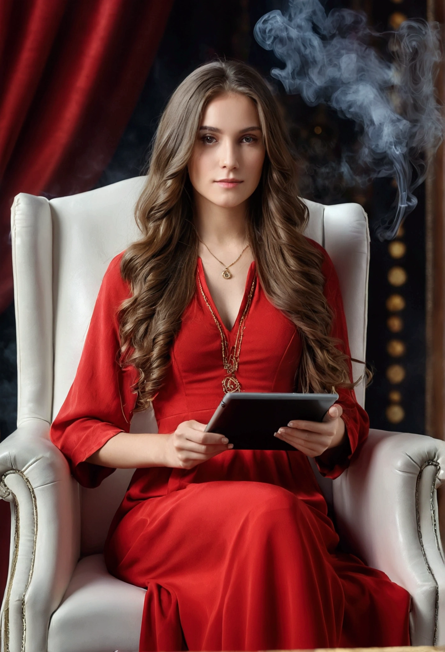 A very beautiful girl with long hair in a red long dress holds a tablet with a stylus and draws, looks at the camera, sits on a white leather armchair in portrait mode, against a background of magic smoke, an atmosphere of magic and divination, high detail, best quality, realism in the style of the golden hour.