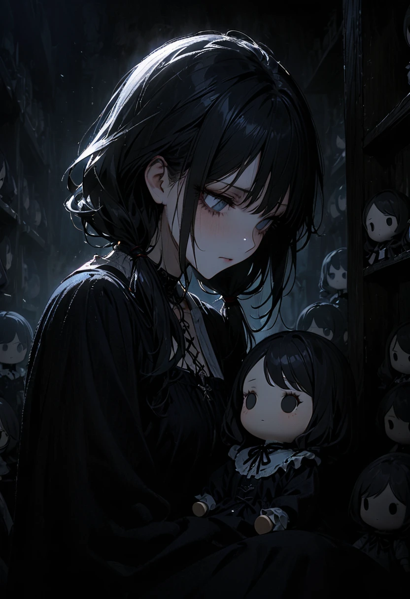 1porcelain doll, low twintails, black hair, detailed face, ((emotionless expression)), ((lifeless)), plain white skin, plain white eyes, long eyelashes, (gaze down), black eye liner, gray lipstick, black dress, medieval theme, (dark horror theme), cold lighting, blue lighting, dust, immovable, (tilt head), (sitting in dark conner of doll shop), (doll shelf), (porcelain doll), (masterpiece:1.2), super detailed, best quality, DeepNegative_xl_v1
