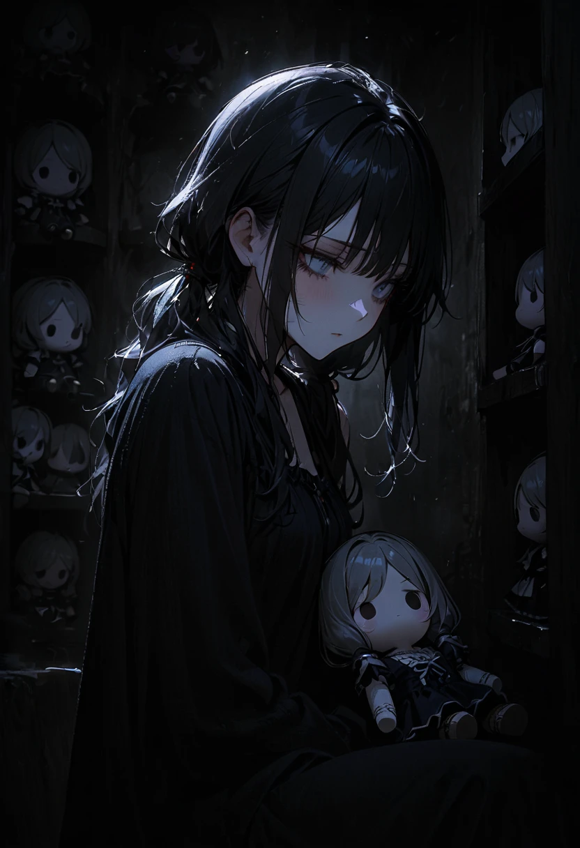 1porcelain doll, low twintails, black hair, detailed face, ((emotionless expression)), ((lifeless)), plain white skin, plain white eyes, long eyelashes, (gaze down), black eye liner, gray lipstick, black dress, medieval theme, (dark horror theme), cold lighting, blue lighting, dust, immovable, (tilt head), (sitting in dark conner of doll shop), (doll shelf), (porcelain doll), (masterpiece:1.2), super detailed, best quality, DeepNegative_xl_v1