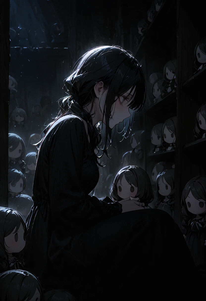 1porcelain doll, low twintails, black hair, detailed face, ((emotionless expression)), ((lifeless)), plain white skin, plain white eyes, long eyelashes, (gaze down), black eye liner, gray lipstick, black dress, medieval theme, (dark horror theme), cold lighting, blue lighting, dust, immovable, (tilt head), (sitting in dark conner of doll shop), (doll shelf), (porcelain doll), (masterpiece:1.2), super detailed, best quality, DeepNegative_xl_v1