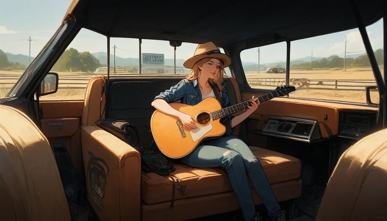 Woman sitting in the back of a truck playing guitar, female Cowgirl, Cowgirl, country, western Cowgirl, Cowgirl, Promotional Photos, Woman Playing Guitar, country style, Singer-songwriter, Promotional Photos, Promotional Photos, Singer-songwriter, Promotional Photos, Brooke Ashling, Noel Stevenson, Wyoming, photo shoot, Jenny Sevilla, Alana Fletcher