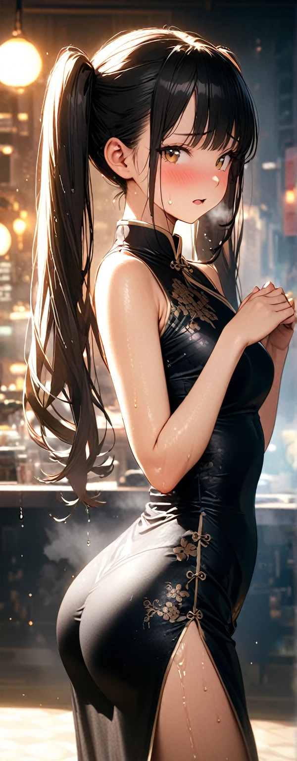 Twin tails、Highly detailed black cheongsam, Looks about , (beautiful girl: 1.3),Highest quality,8k,Highly detailed CG unit wallpaper,masterpiece:1.2,top-quality,Ultra-high resolution,RAW Photos,real texture skin,Cinema Lighting,Embarrassing,blush, vapor,Wet,Sweat,Moist eyes,weak,Huge buildings,metropolis,The girl is a delivery girl who delivers Chinese food to customers.,,Steam from cooking,,,Big, round, beautifully shaped butt,,((Booty pose)),(from side:1.5),