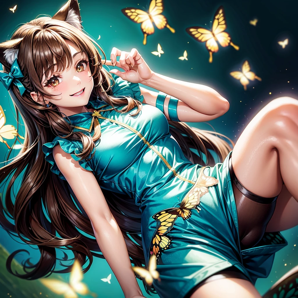 Brown hair, bright brown eyes, older woman, hair bows, cat ears, long hair, smiling face, sexy outfit, butterflies, teal and gold outfit, butterfly background, uniform top
