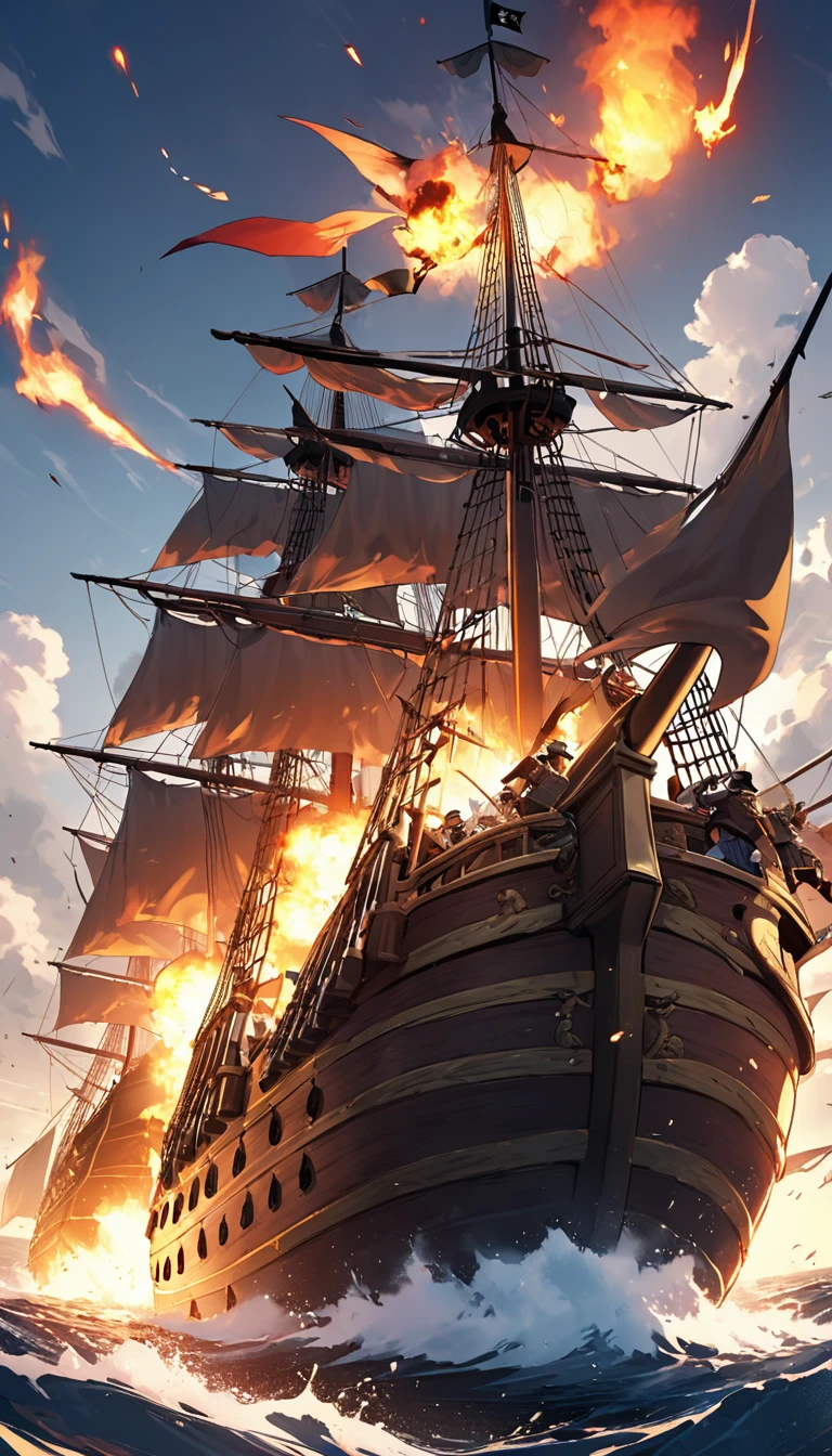 Close-up of pirate leader with rugged and handsome face,thick eyebrows,Eyes sharp and sharp.With a sword、Wearing elegant pirate costumes and a wide-brimmed three-cornered hat,One-sided eye patch adds a sense of mystery.The background is a pirate war.On the vast sea,Two plundering pirate ships are engaged in a fierce exchange of fire。Shoot from a low angle,Place the pirate ship&#39;s mast and cannon muzzle in the center of the frame.low angle shot.Beautiful and extremely fine-textured red bricks in the foreground and town in the background，detailed, bright, High definition and high quality presentation((Masterpieces in up to 16K resolution):1.6),((soft_color_photography:)1.5), ((Super detailed):1.4),((Typical static images and dynamic angles):1.3), ( perfect  )Complex patterns, soft shadows, highly detailed structures, digital art, high detail,