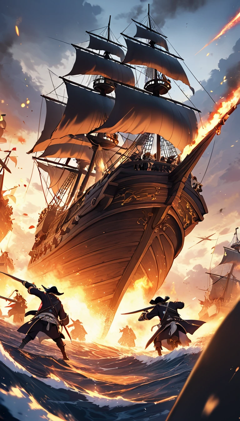 Close-up of pirate leader with rugged and handsome face,thick eyebrows,Eyes sharp and sharp.With a sword、Wearing elegant pirate costumes and a wide-brimmed three-cornered hat,One-sided eye patch adds a sense of mystery.The background is a pirate war.On the vast sea,Two plundering pirate ships are engaged in a fierce exchange of fire。Shoot from a low angle,Place the pirate ship&#39;s mast and cannon muzzle in the center of the frame.low angle shot.Beautiful and extremely fine-textured red bricks in the foreground and town in the background，detailed, bright, High definition and high quality presentation((Masterpieces in up to 16K resolution):1.6),((soft_color_photography:)1.5), ((Super detailed):1.4),((Typical static images and dynamic angles):1.3), ( perfect  )Complex patterns, soft shadows, highly detailed structures, digital art, high detail,