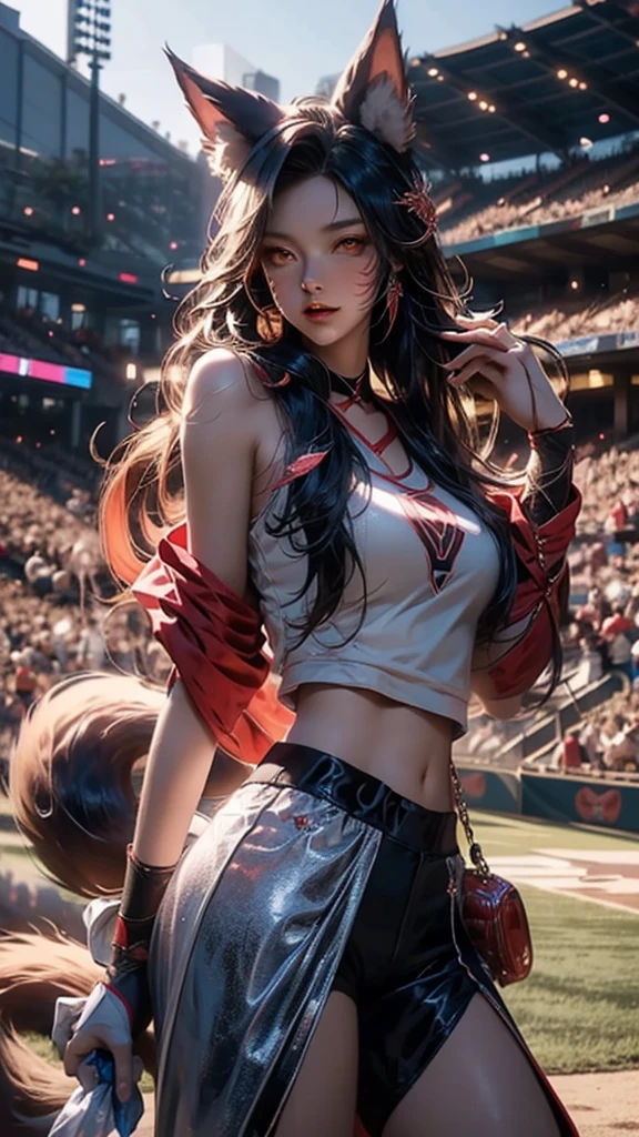 Wonderful game,Japanese nine-tailed fox girl,Long flowing hair,Wear sportswear,On a Baseball Stadium,Race,Play baseball,sweat