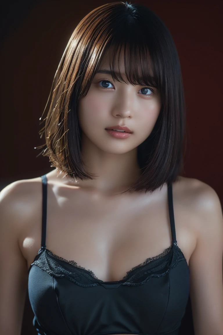 (Highest quality:1.4),(masterpiece:1.4),(Realistic:1.4),(Realistic:1.2),(超High resolution, RAW Photos:1.4),(High resolution, Very detailed:1.2),(8k:1.2),photograph,a photo of a dark-haired,Her hairstyle is a short bob with bangs..,One Girl,alone,(In underwear),((Upper Body:1.3))