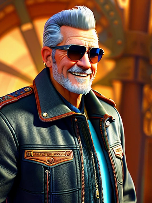 Pixarstyle A waist-high portrait of an elderly man with leather jacket, biker, sun glasses, smile, natural skin texture, 4K textures, HDR, intricate, highly detailed, sharp focus, cinematic look, hyper-detailed