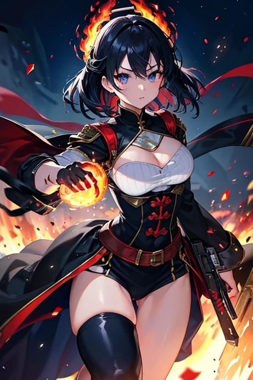 original character、Black Hair、Dressed in tight-fitting blue and white combat uniforms、Controlling fire from your hands、Spreading fire all around、Fire Serpent、Black eyes glowing red、Muscular body、Medieval European cityscape、Scrap bricks、Beautiful blue sky、Stand from the front、Crisp eyes、Wide grassy area、Bright World