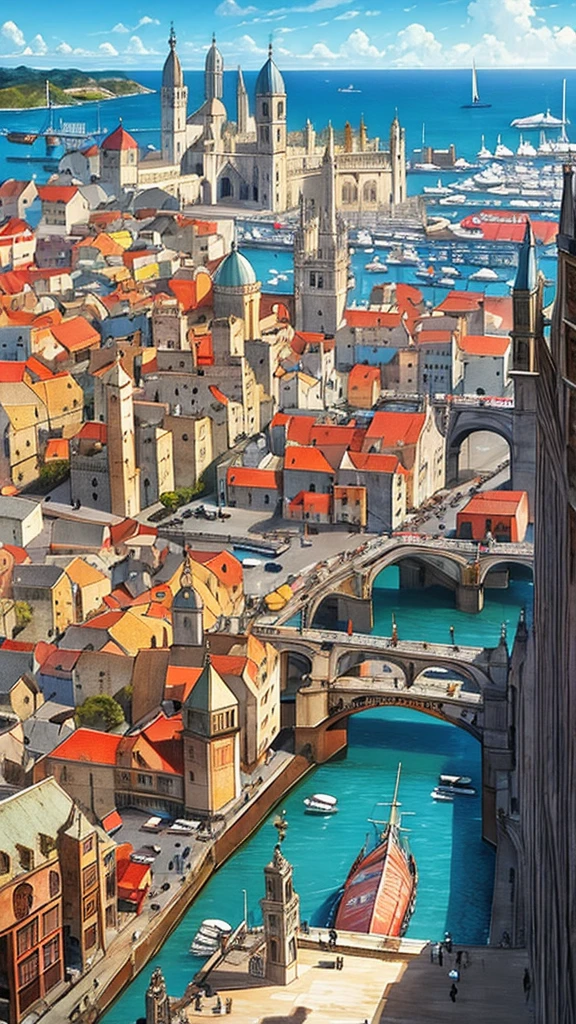 A detailed illustration of a bustling medieval port city with numerous ships docked, inspired by Renaissance maritime paintings, featuring intricate architectural details, vibrant market stalls, seagulls soaring overhead, daylight