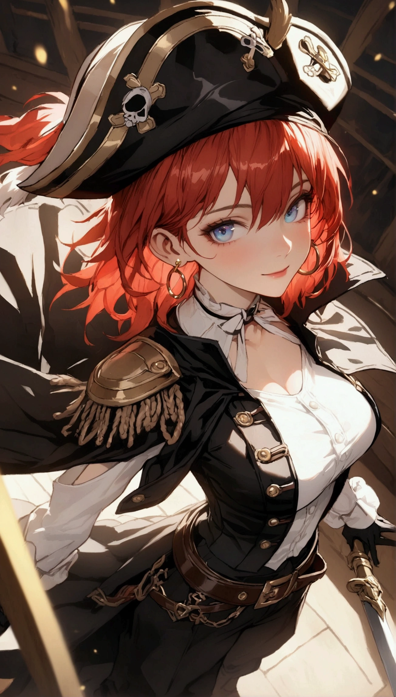 (Masterpiece. The best quality. 8K. Sharp focus. Depth of field, The best shadows. Perfect lighting. HDR. Realistic skin texture. Ultra-detailed background. Detailing). Anime style. Honkai: Star Rail. March 7. 1 girl. Fiery red hair, short hair. Azure - blue eyes, beautiful eyes, beautiful eyes, expressive eyes. Beautiful nose, perfect facial features. Breasts of the second size, beautiful breasts. Long beautiful legs. Pirate hat, white blouse, pirate pants, pirate knee-high boots, leather elbow-length gloves, wide belt at the waist, gold bracelets on the hands, gold hoop earrings in the ears. Pirate cloak uniform. Shoulder straps with the Jolly Roger on the shoulders. On the belt there is a saber and a musket. Stands at full height at the helm of the ship. Full body.