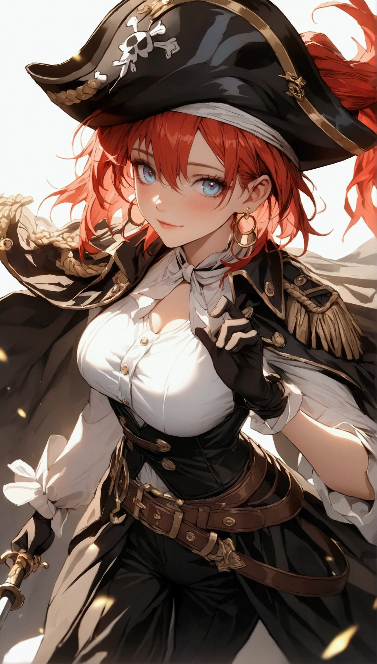 (Masterpiece. The best quality. 8K. Sharp focus. Depth of field, The best shadows. Perfect lighting. HDR. Realistic skin texture. Ultra-detailed background. Detailing). Anime style. Honkai: Star Rail. March 7. 1 girl. Fiery red hair, short hair. Azure - blue eyes, beautiful eyes, beautiful eyes, expressive eyes. Beautiful nose, perfect facial features. Breasts of the second size, beautiful breasts. Long beautiful legs. Pirate hat, white blouse, pirate pants, pirate knee-high boots, leather elbow-length gloves, wide belt at the waist, gold bracelets on the hands, gold hoop earrings in the ears. Pirate cloak uniform. Shoulder straps with the Jolly Roger on the shoulders. On the belt there is a saber and a musket. Stands at full height at the helm of the ship. Full body.