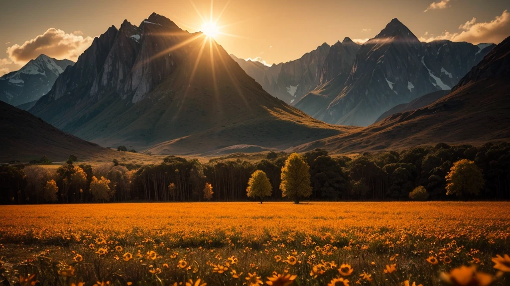 Generate images of South American and European nature, add dark tones to the images, and a beautiful strong orange sun, focus on the sun in the images with an air of hope and faith... Size 16:9 thumbnail style, when you can fit it add a cross wood in the background in the images. research before you start, and reflect.
