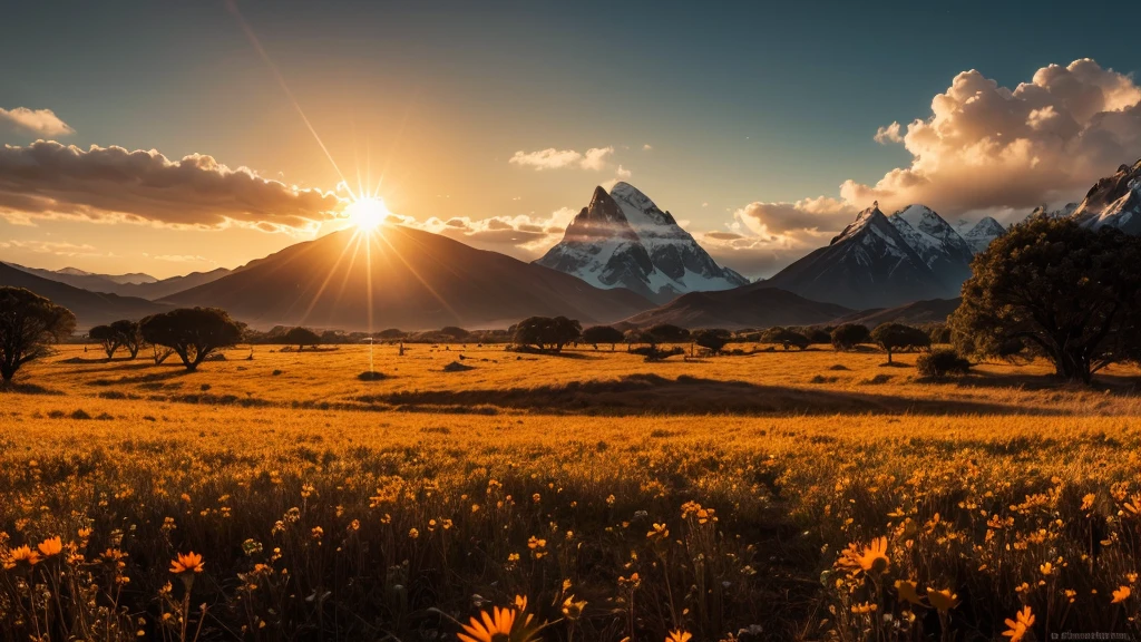 Generate images of South American and European nature, add dark tones to the images, and a beautiful strong orange sun, focus on the sun in the images with an air of hope and faith... Size 16:9 thumbnail style, when you can fit it add a cross wood in the background in the images. research before you start, and reflect.