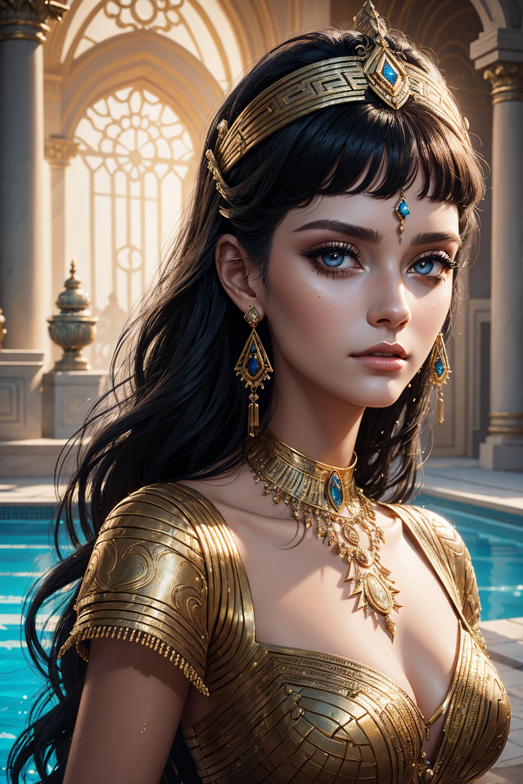portrait Paris Jackson, wearing cleopatra costume, against the background of the swimming pool, character portrait, 6 9 9 0 s, wavy hair, intricate, elegant, highly detailed, digital painting, artstation, concept art, smooth, sharp focus, illustration, art by wlop, charlie bowater and alexandra fomina, 36k, glittering, shining