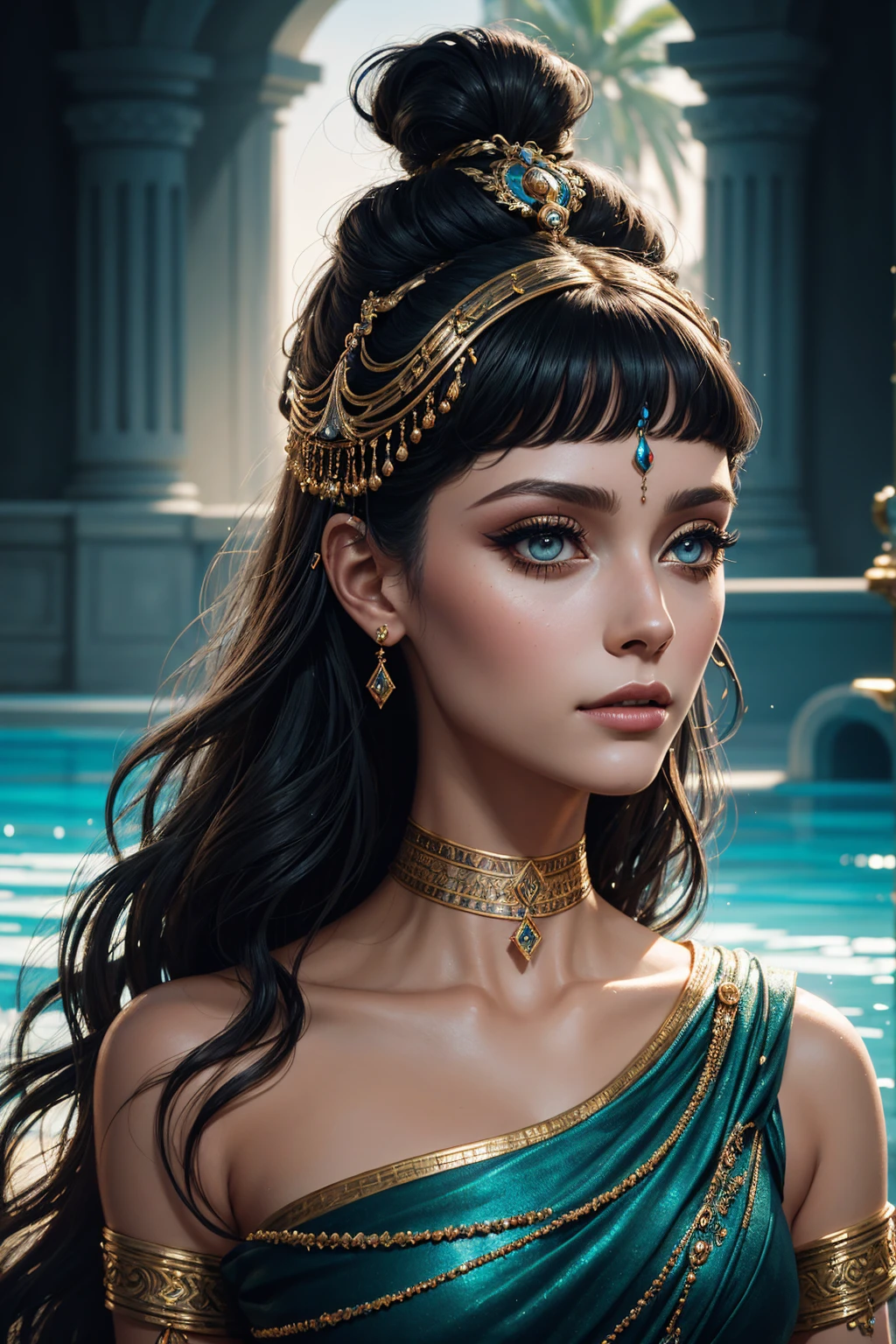 portrait Paris Jackson, wearing cleopatra costume, against the background of the swimming pool, character portrait, 6 9 9 0 s, wavy hair, intricate, elegant, highly detailed, digital painting, artstation, concept art, smooth, sharp focus, illustration, art by wlop, charlie bowater and alexandra fomina, 36k, glittering, shining
