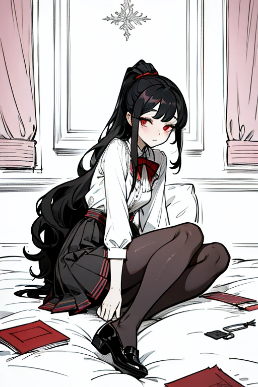 using pantimedies, wavy black hair, piercing look with deep red eyes, average stature, Silky hair with a ponytail hairstyle collected with a red bow with two white lines, with clothes, has a vagina, has breasts, cup of breasts, small breasts, slim, foreground, Session, sitting in her room, sitting on the floor of her room, wearing pantyhose, using pantimedies, Picardias, short skirt, shoes, blouse with straps 