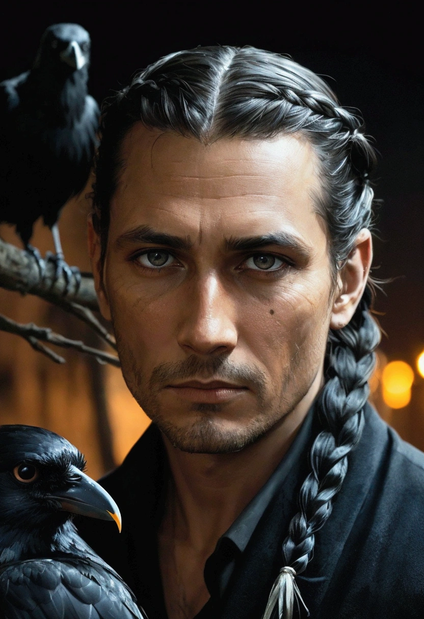 a man with crows, at night low light, indiginous and braided hair, kind eyes
