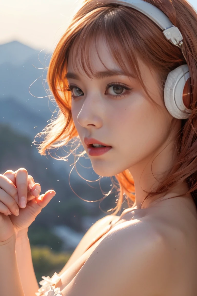 Highest quality, masterpiece, Ultra-high resolution, (Actual:1.3), Original photo, (Nature Photography), (Majestic mountain peaks, sea of clouds), (On top of a very large mountain), (sunset), (girl), (Upper Body),"(Top Quality, Masterpiece, Natural Light: 1.0), (Side View: 0.0), (Cowboy Shot: 0.0), (upper body: 1.8), (Close-up: 1.8), Portrait, Cinematic Lighting, Glow, Ray tracing, reflected light, f135mm, uhd, accurate, skin texture, super detail, great detail, high quality, highest quality, 8k, (Surrealism: 1.2), BREAK, (Japanese: 1.3), (22 years old: 1.0), (Small breasts: 1.6), (Long, large, slit eyes: 1.8), (Realistic eyes: 1.8), (Height at 165cm: 1.2) , (Transparent white skin: 1.2), (Short curly bright pink hair with bangs: 1.3), (Deep eyeshadow makeup: 1.4), BREAK, (Correct hand: 1.6), (Correct fingertips: 1.6), Sexy pose, (Place hand near cheek: 1.8), BREAK, (Big white headphones: 1.4), (Wearing an orange and white printed strapless dress: 1.3), BREAK, A futuristic interior with a large white-framed window on the first floor facing the front in the background, blue sky, noon, outside light,chinatsumura,Bomi,sara,girl,Sexy Pose,1 girl ,milf,独奏,beauty"