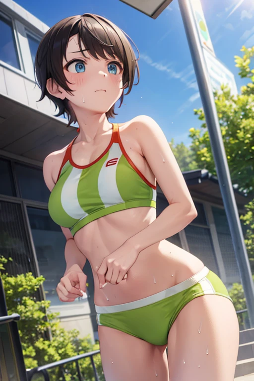 subaru sports bra Sports Bikini Gym uniforms transparent with sweat Ground Are standing After running at full speed tired
