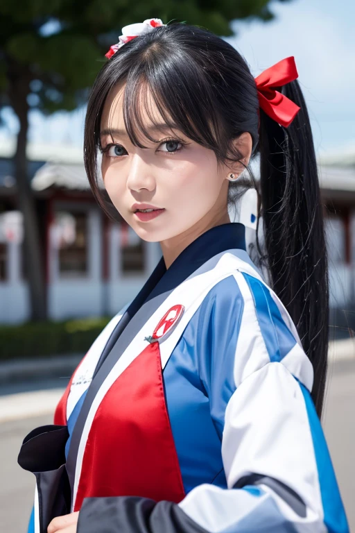 Race queen Japanese woman Long grey hair tied in a ponytail Red eyes Blue costume Big black ribbon on head Blue parasol in hand