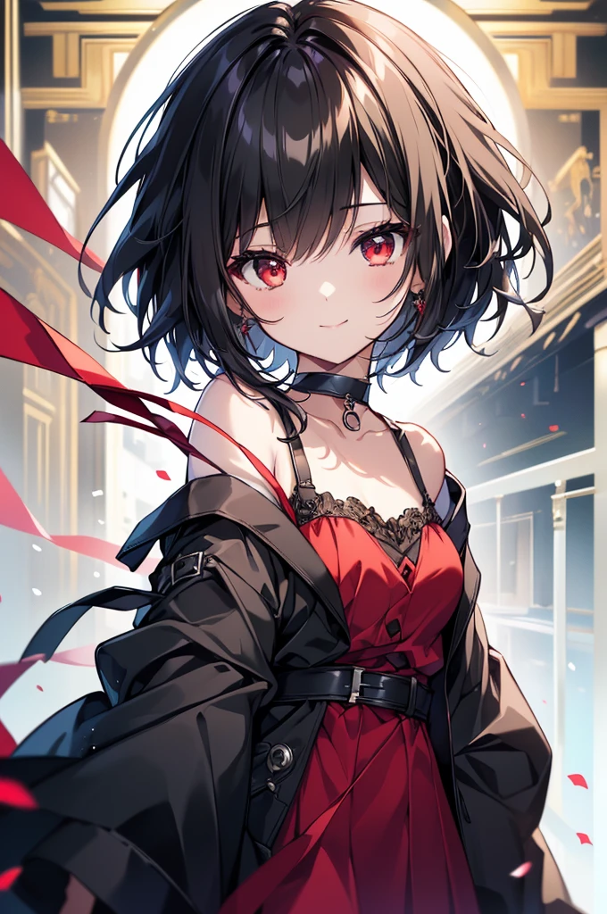(masterpiece, highest quality, highest quality, (No text), Beautiful and aesthetic:1.2),No text,アニメ、BREAK,One Girl,Black Hair Girl short hair older sister choker Beautiful eyes Red eyes cool smile Black and Red dress Black jacket stockings whole body In town