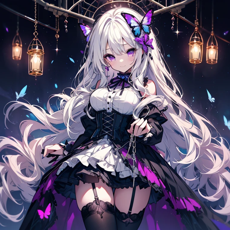 1 girl、Mature、Ample breasts、Long Hair、White Hair、Curly Hair、Purple Eyes、Gothic ta、corset、Miniskirt、Marionette、Patchy、Controlled by strings、Chained、Fake smile、birdcage、Dimly lit room、Blue Butterfly、High resolution、Highest quality