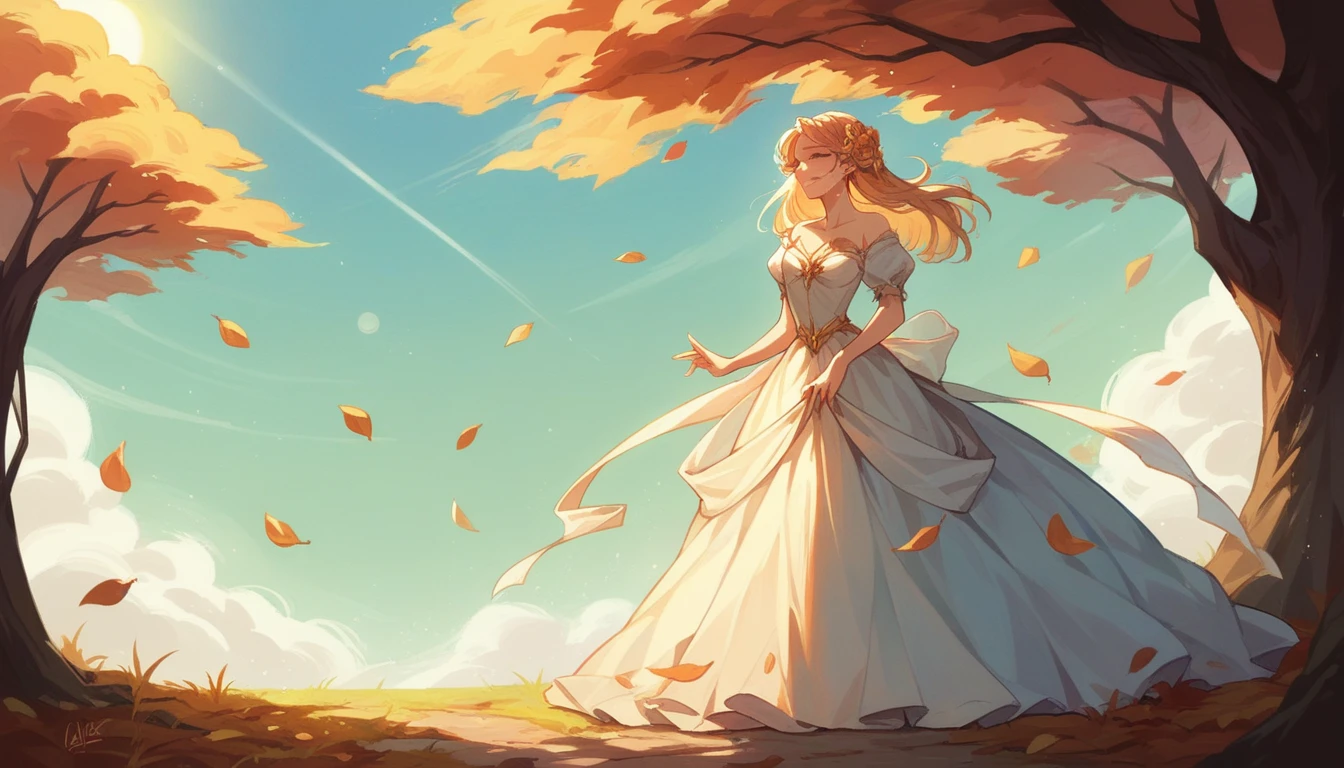 A beautiful young woman standing alone in a serene park at dusk, with a bittersweet smile on her face. Her eyes show a hint of sadness, and tears glisten as they catch the soft light. She is dressed in a flowing dress that moves gently in the evening breeze. In the background, the sun is setting, casting a golden glow over the scene, with leaves falling gently from the trees, symbolizing the passage of time and lost love