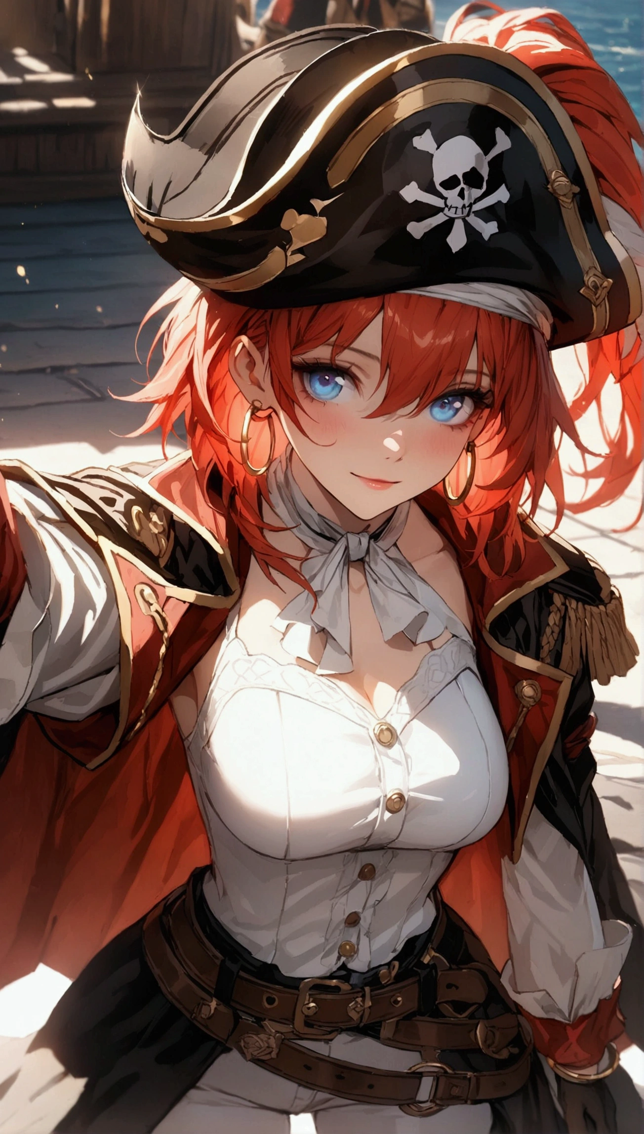 (Masterpiece. The best quality. 8K. Sharp focus. Depth of field, The best shadows. Perfect lighting. HDR. Realistic skin texture. Ultra-detailed background. Detailing). Anime style. Honkai: Star Rail. March 7. 1 girl. Fiery red hair, short hair. Azure - blue eyes, beautiful eyes, beautiful eyes, expressive eyes. Beautiful nose, perfect facial features. Breasts of the second size, beautiful breasts. Long beautiful legs. Pirate hat, white blouse, pirate pants, pirate knee-high boots, leather elbow-length gloves, wide belt at the waist, gold bracelets on the hands, gold hoop earrings in the ears. Pirate cloak uniform. Shoulder straps with the Jolly Roger on the shoulders. On the belt there is a saber and a musket. Stands at full height at the helm of the ship. Full body.