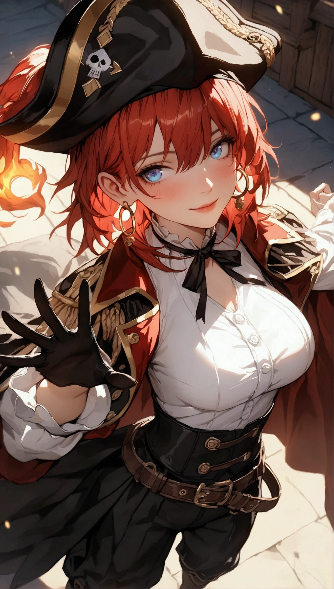 (Masterpiece. The best quality. 8K. Sharp focus. Depth of field, The best shadows. Perfect lighting. HDR. Realistic skin texture. Ultra-detailed background. Detailing). Anime style. Honkai: Star Rail. March 7. 1 girl. Fiery red hair, short hair. Azure - blue eyes, beautiful eyes, beautiful eyes, expressive eyes. Beautiful nose, perfect facial features. Breasts of the second size, beautiful breasts. Long beautiful legs. Pirate hat, white blouse, pirate pants, pirate knee-high boots, leather elbow-length gloves, wide belt at the waist, gold bracelets on the hands, gold hoop earrings in the ears. Pirate cloak uniform. Shoulder straps with the Jolly Roger on the shoulders. On the belt there is a saber and a musket. Stands at full height at the helm of the ship. Full body.