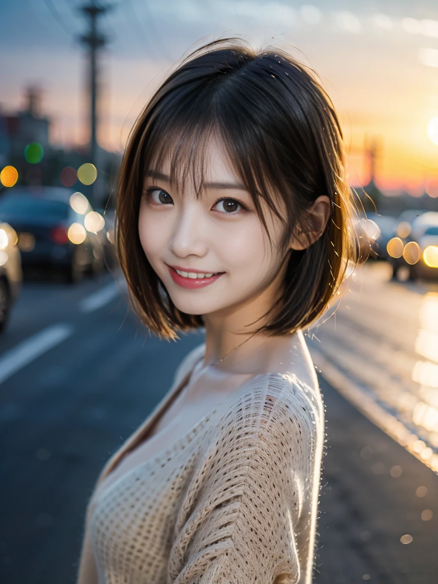photograph of a happy looking beautiful young Japanese woman with slender smiling face and slant eyes like a cat, at the sunset seaside road, black hair, melancholic atmosphere,