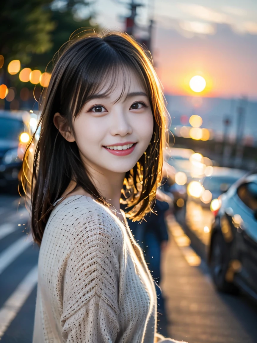 photograph of a happy looking beautiful young Japanese woman with slender smiling face and slant eyes like a cat, at the sunset seaside road, black hair, melancholic atmosphere,