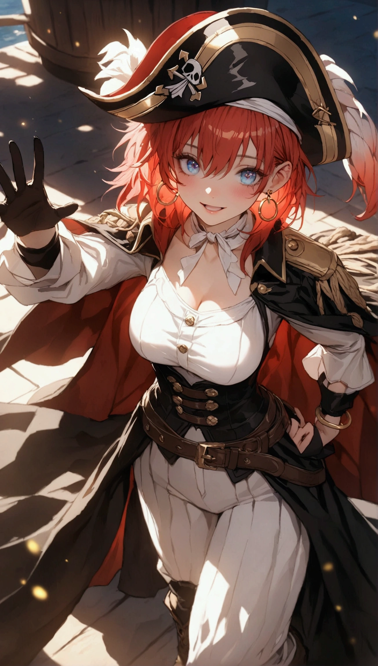 (Masterpiece. The best quality. 8K. Sharp focus. Depth of field, The best shadows. Perfect lighting. HDR. Realistic skin texture. Ultra-detailed background. Detailing). Anime style. Honkai: Star Rail. March 7. 1 girl. Fiery red hair, short hair. Azure - blue eyes, beautiful eyes, beautiful eyes, expressive eyes. Beautiful nose, perfect facial features. Breasts of the second size, beautiful breasts. Long beautiful legs. Pirate hat, white blouse, pirate pants, pirate knee-high boots, leather elbow-length gloves, wide belt at the waist, gold bracelets on the hands, gold hoop earrings in the ears. Pirate cloak uniform. Shoulder straps with the Jolly Roger on the shoulders. On the belt there is a saber and a musket. Stands at full height at the helm of the ship. Full body.